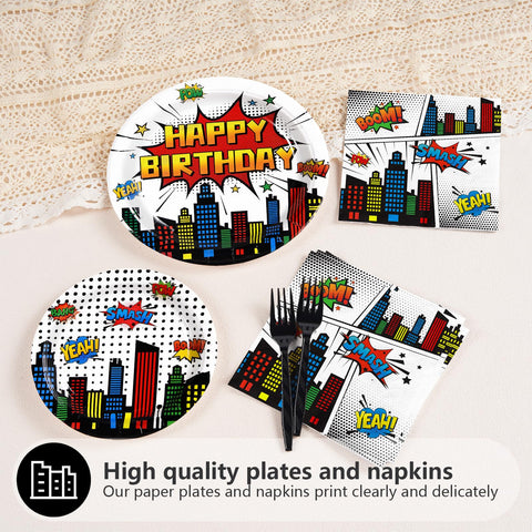 96 Pcs White Comic Hero Party Plates and Napkins - Grencian