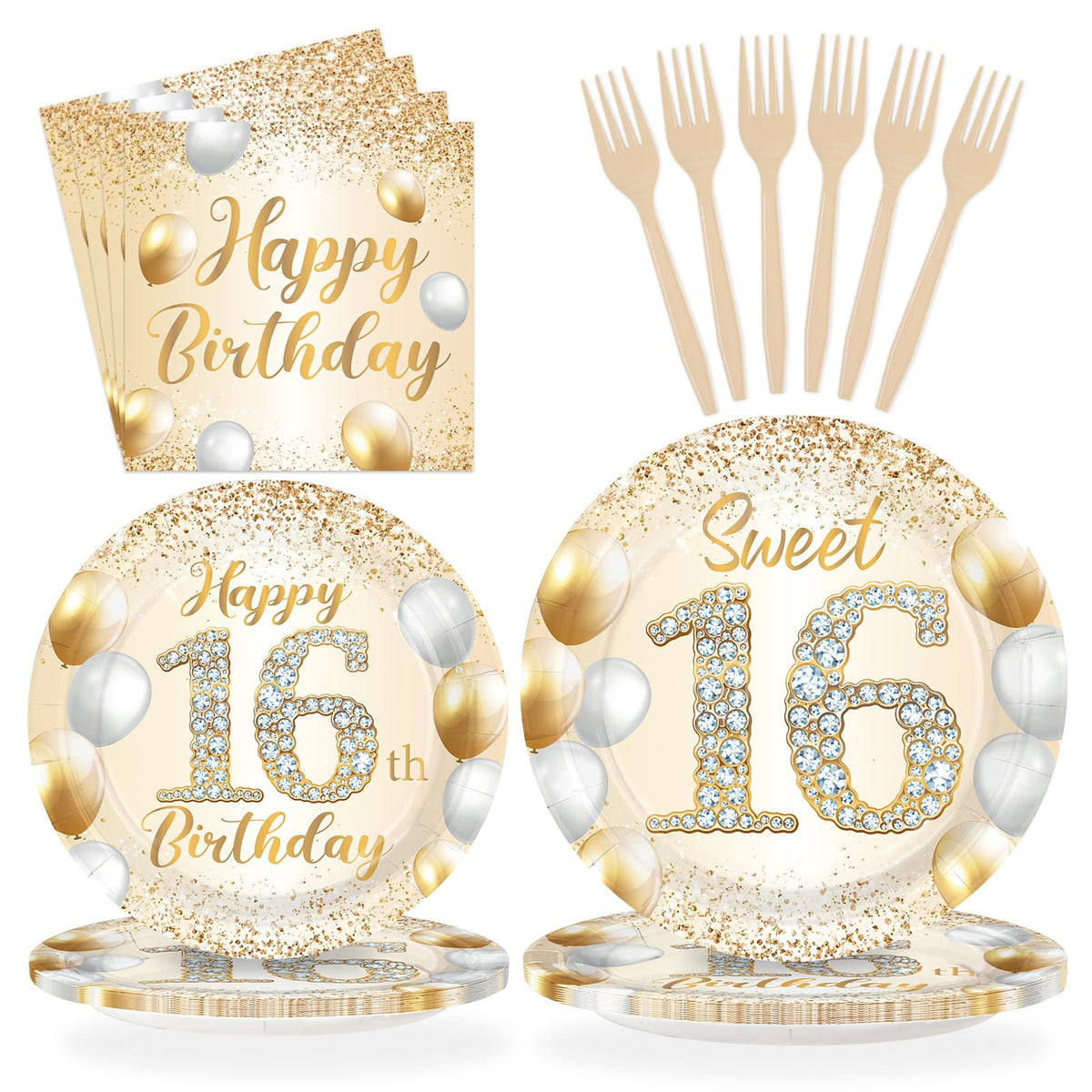 96 Pcs White Gold 16th Birthday Party Plates and Napkins - Grencian