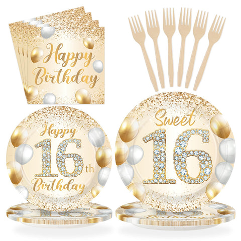 96 Pcs White Gold 16th Birthday Party Plates and Napkins - Grencian