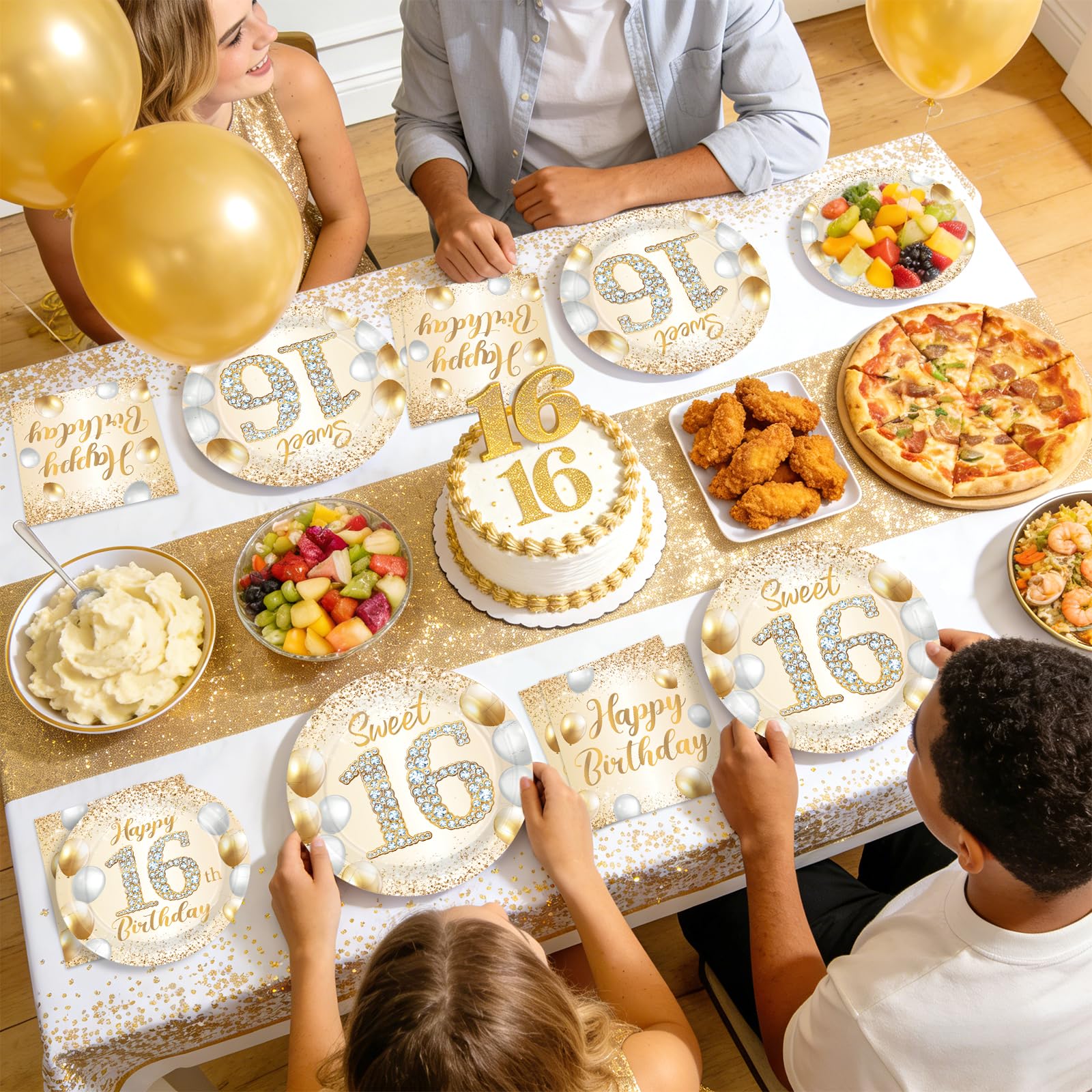 96 Pcs White Gold 16th Birthday Party Plates and Napkins - Grencian