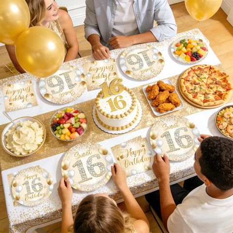 96 Pcs White Gold 16th Birthday Party Plates and Napkins - Grencian