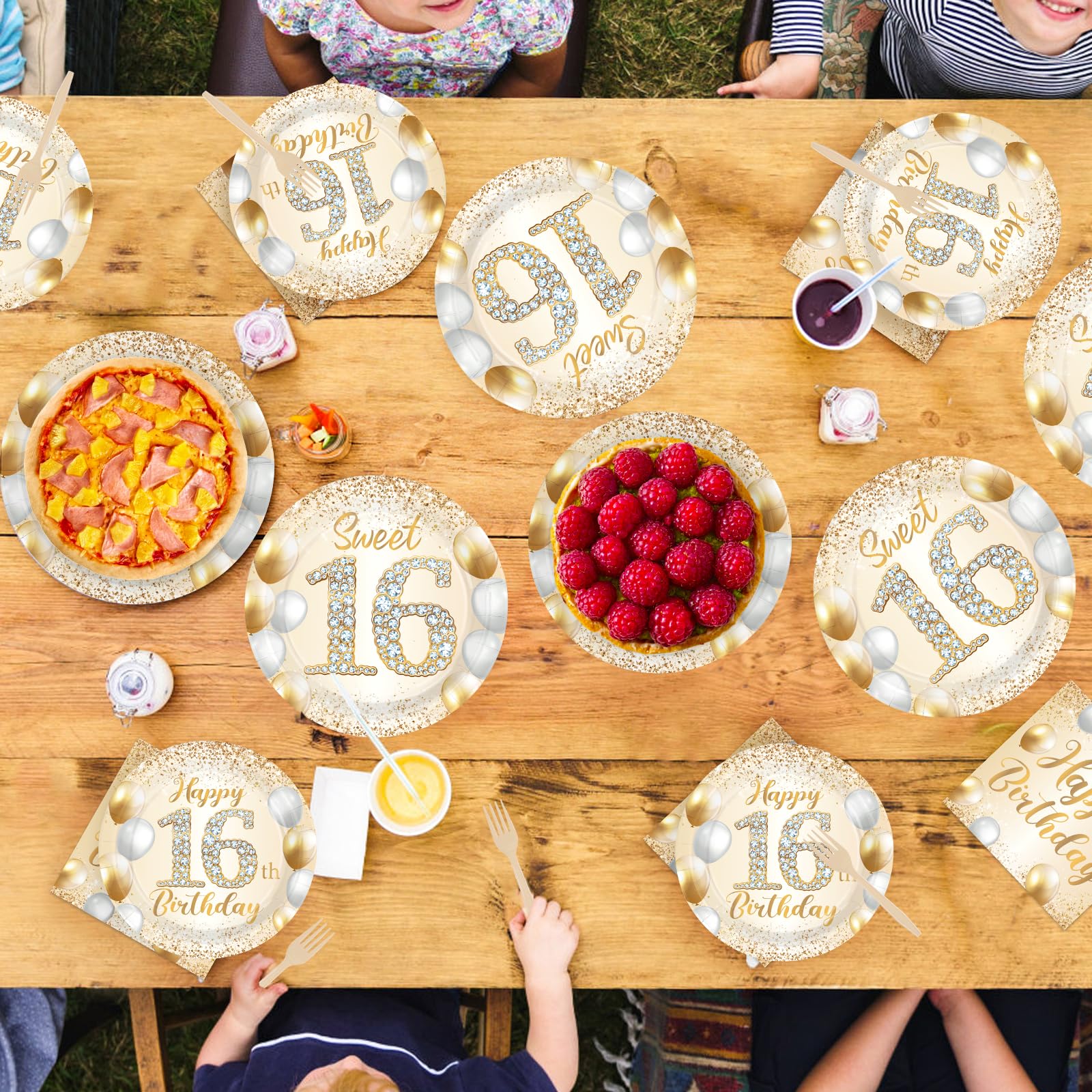 96 Pcs White Gold 16th Birthday Party Plates and Napkins - Grencian