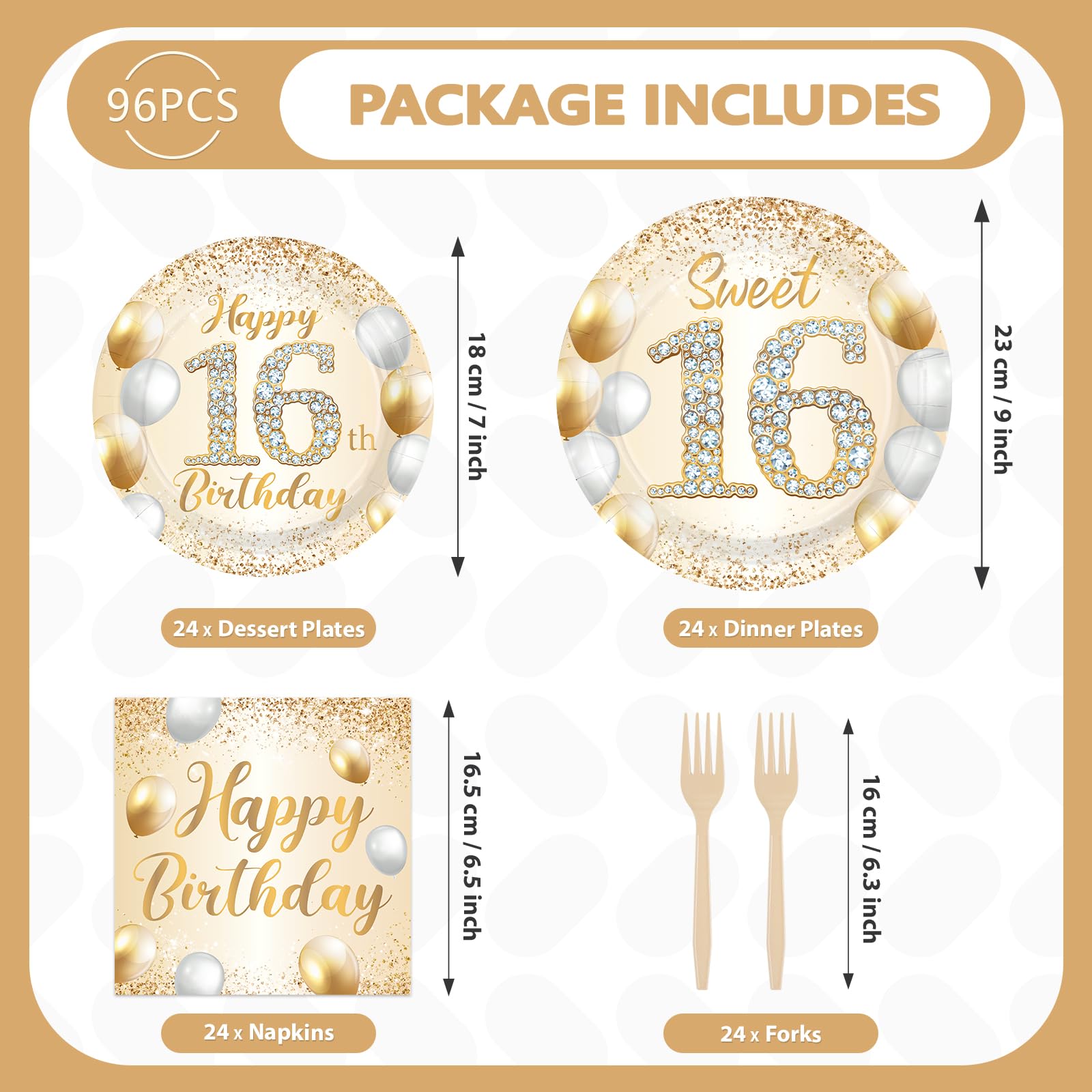 96 Pcs White Gold 16th Birthday Party Plates and Napkins - Grencian