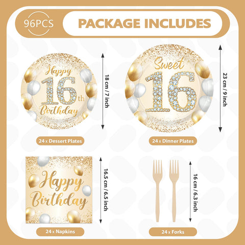 96 Pcs White Gold 16th Birthday Party Plates and Napkins - Grencian