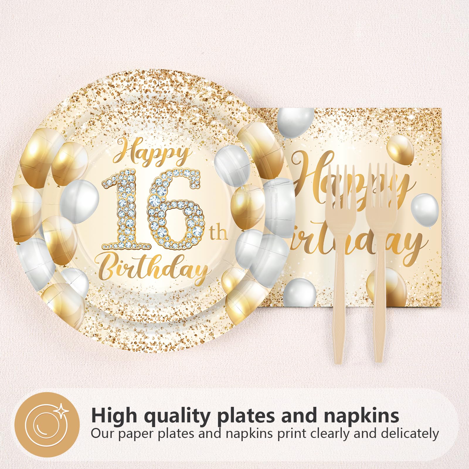 96 Pcs White Gold 16th Birthday Party Plates and Napkins - Grencian