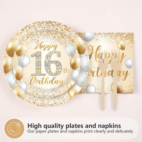 96 Pcs White Gold 16th Birthday Party Plates and Napkins - Grencian