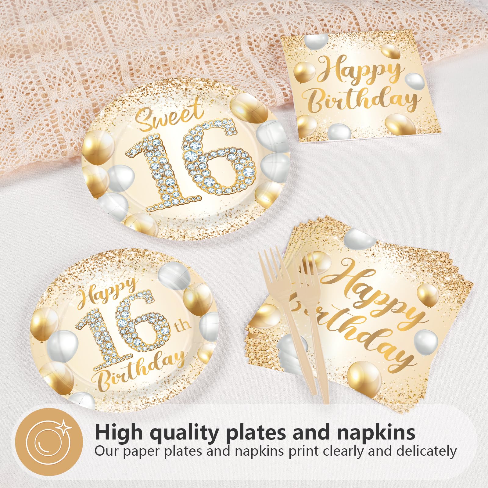 96 Pcs White Gold 16th Birthday Party Plates and Napkins - Grencian