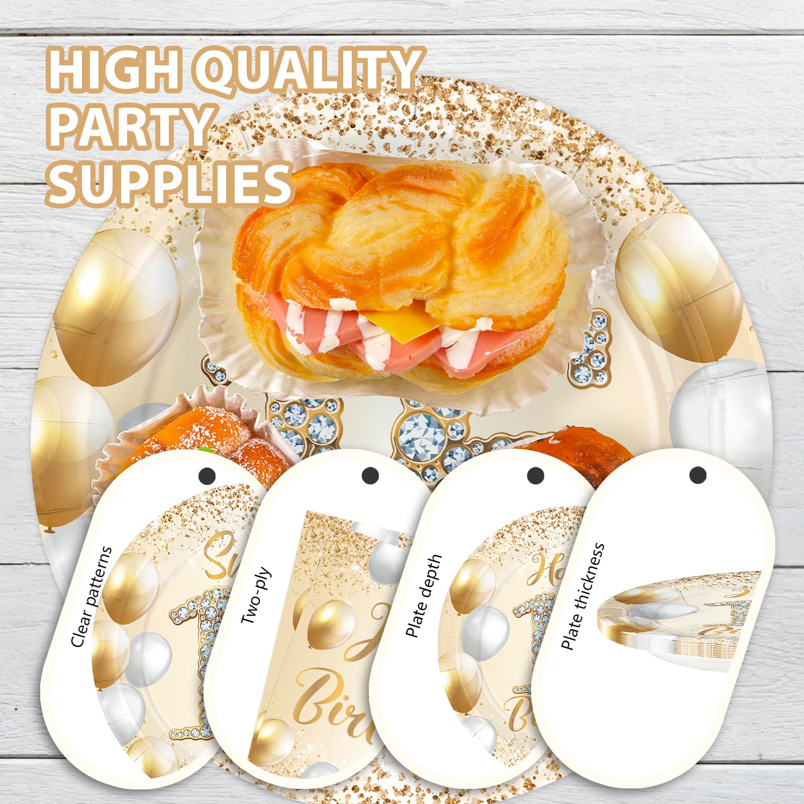 96 Pcs White Gold 16th Birthday Party Plates and Napkins - Grencian