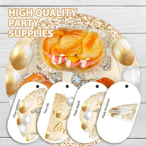 96 Pcs White Gold 16th Birthday Party Plates and Napkins - Grencian