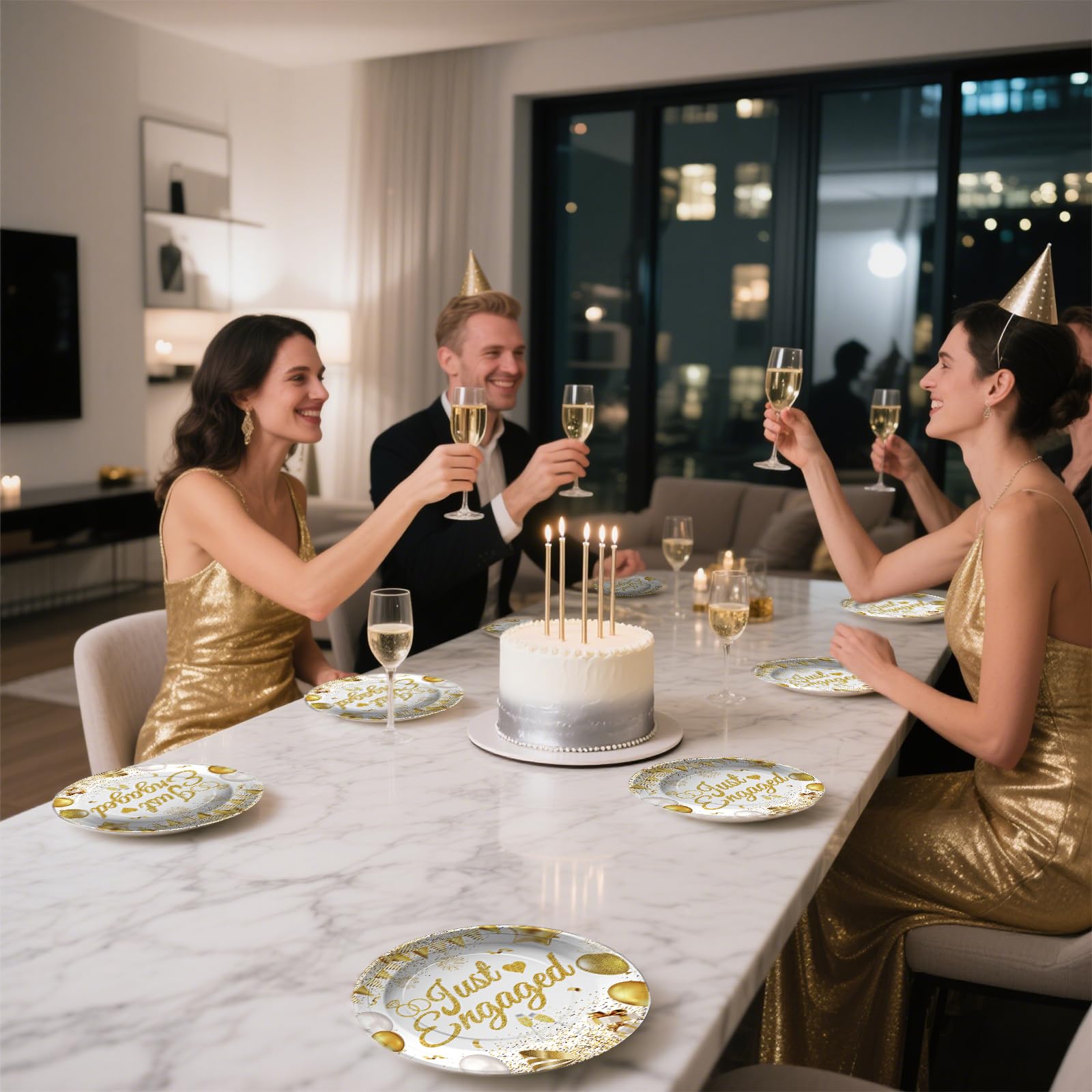 96 Pcs White Gold Engagement Party Plates and Napkins - Grencian