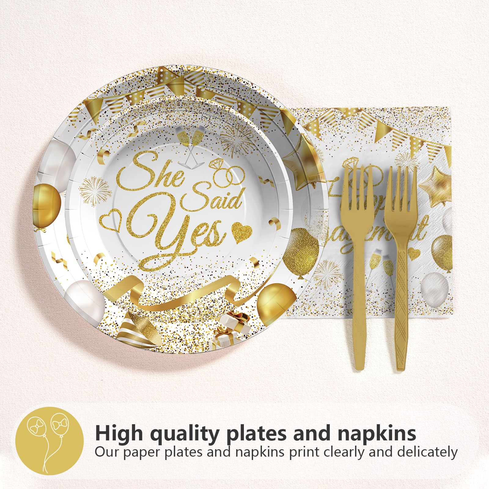 96 Pcs White Gold Engagement Party Plates and Napkins - Grencian