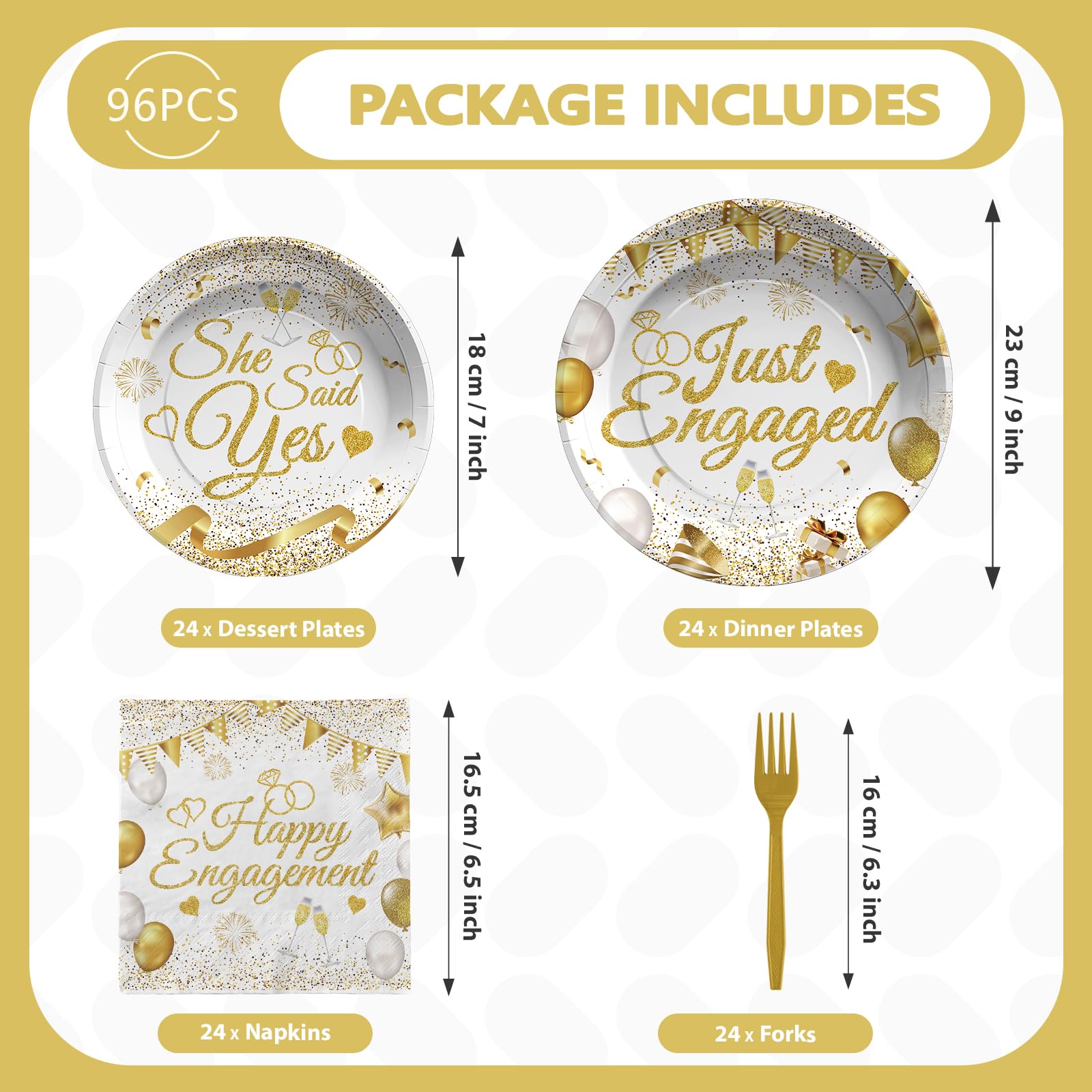 96 Pcs White Gold Engagement Party Plates and Napkins - Grencian