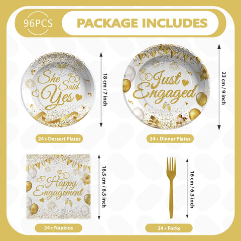96 Pcs White Gold Engagement Party Plates and Napkins - Grencian