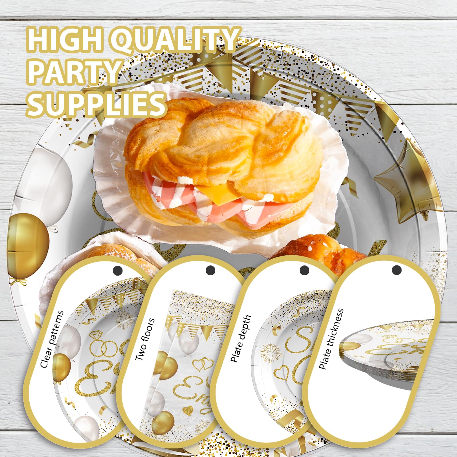 96 Pcs White Gold Engagement Party Plates and Napkins - Grencian