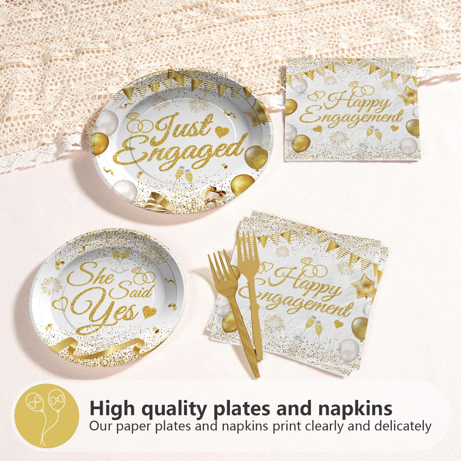 96 Pcs White Gold Engagement Party Plates and Napkins - Grencian