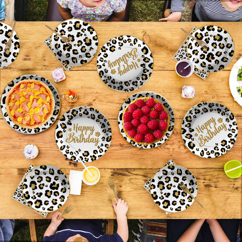 96 Pcs White Leopard Birthday Party Plates and Napkins - Grencian