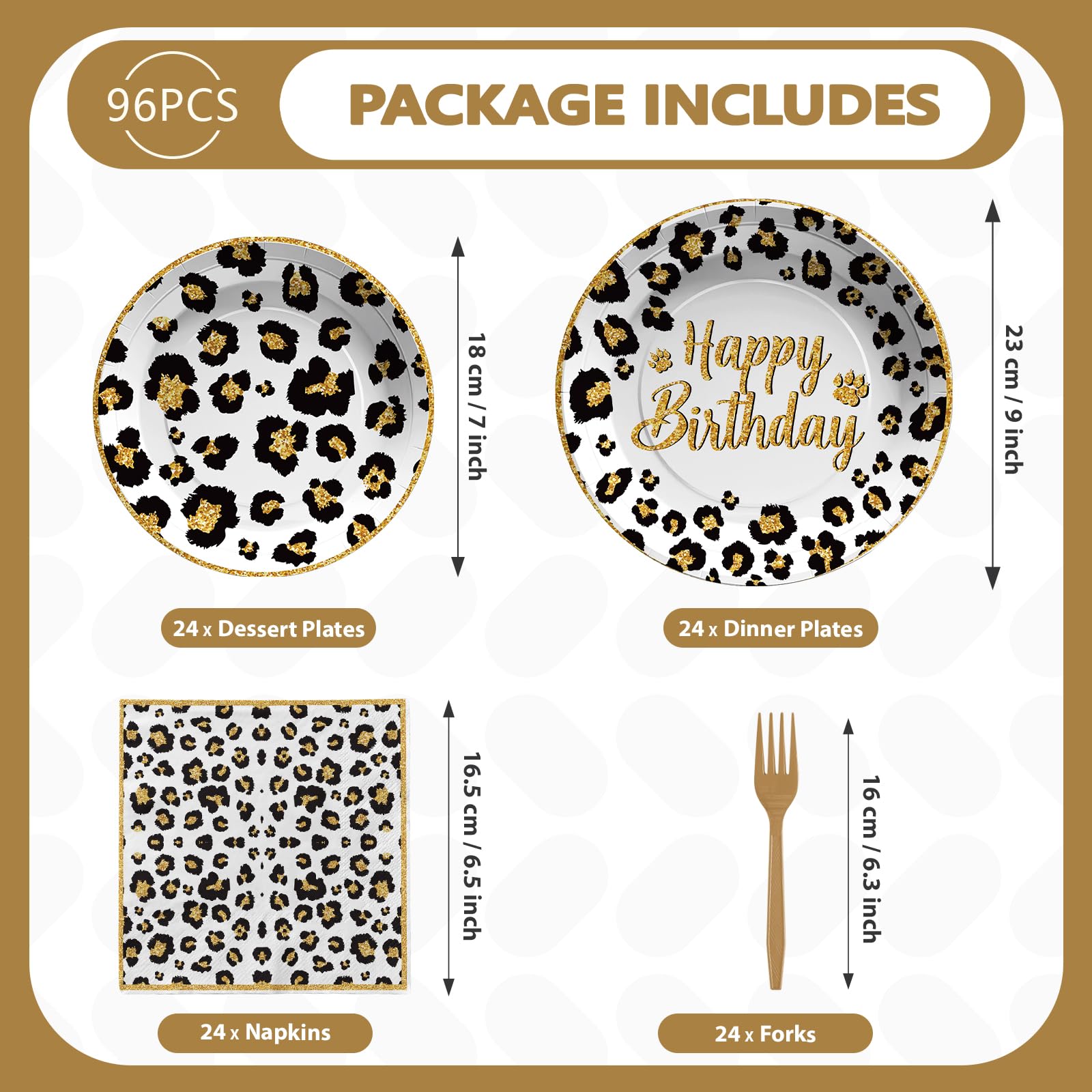 96 Pcs White Leopard Birthday Party Plates and Napkins - Grencian