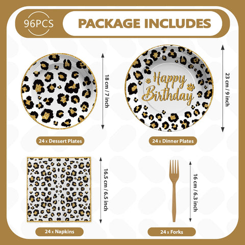 96 Pcs White Leopard Birthday Party Plates and Napkins - Grencian