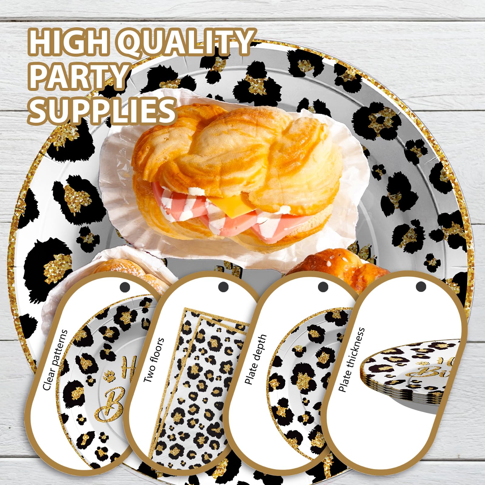 96 Pcs White Leopard Birthday Party Plates and Napkins - Grencian