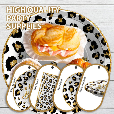 96 Pcs White Leopard Birthday Party Plates and Napkins - Grencian