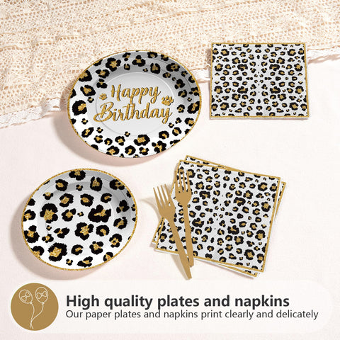 96 Pcs White Leopard Birthday Party Plates and Napkins - Grencian