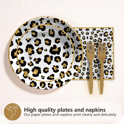 96 Pcs White Leopard Birthday Party Plates and Napkins - Grencian