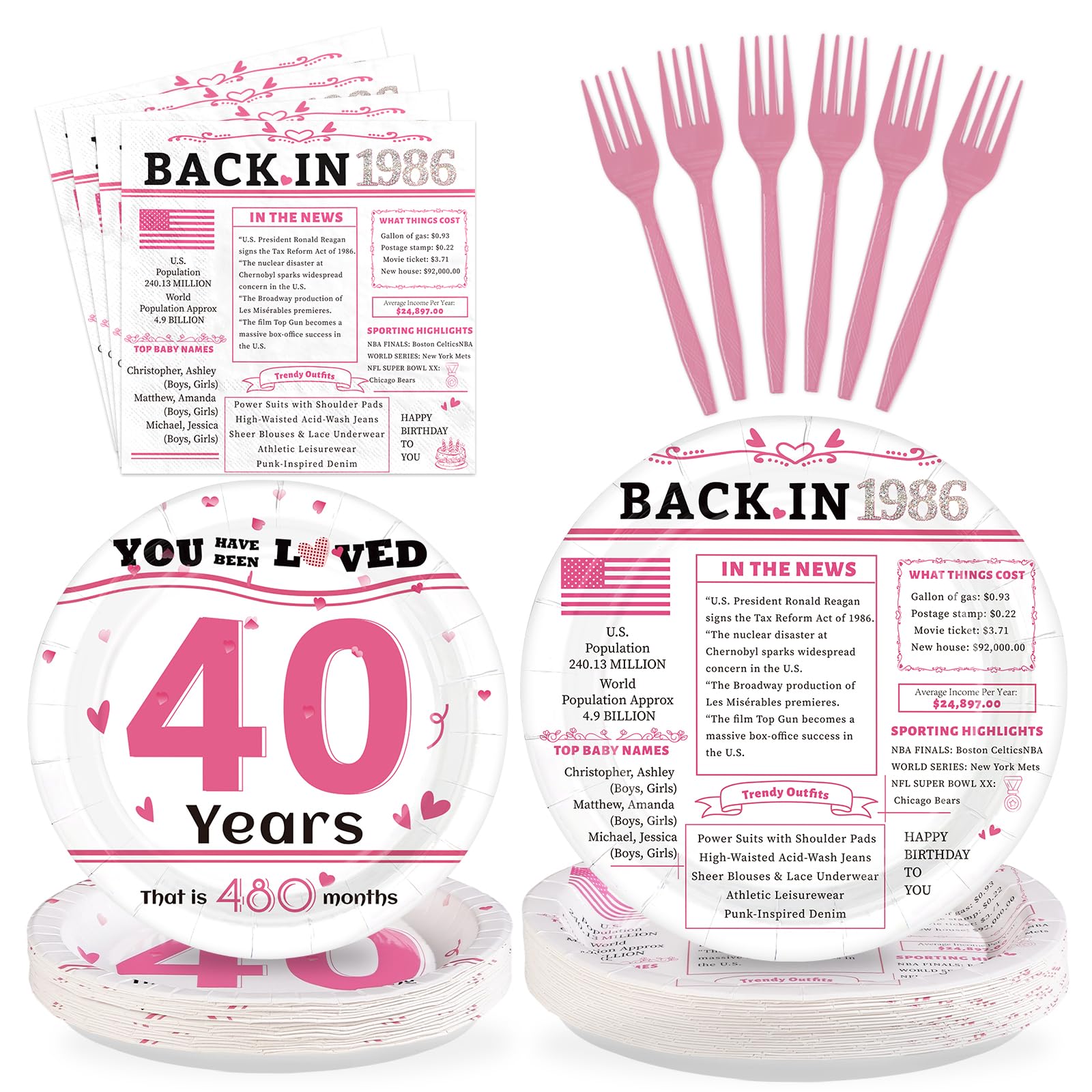 96 Pcs White Pink 40th Birthday Party Plates and Napkins - Grencian