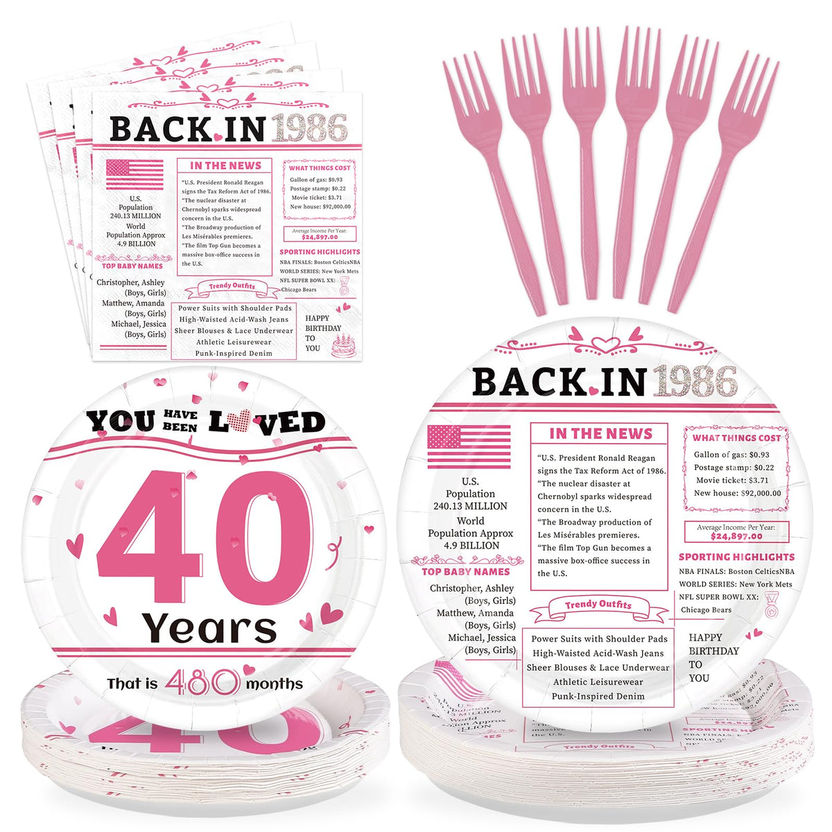 96 Pcs White Pink 40th Birthday Party Plates and Napkins - Grencian