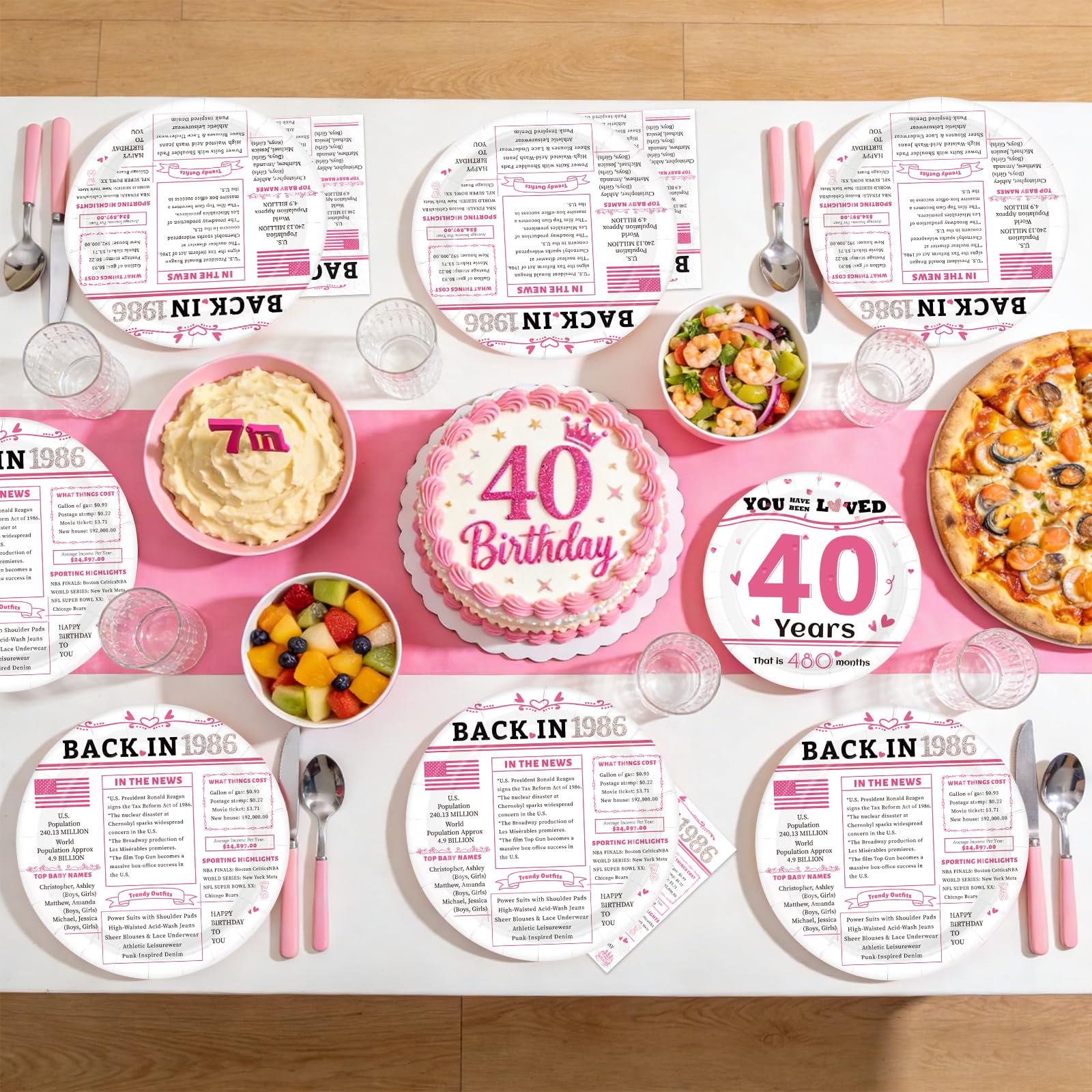96 Pcs White Pink 40th Birthday Party Plates and Napkins - Grencian