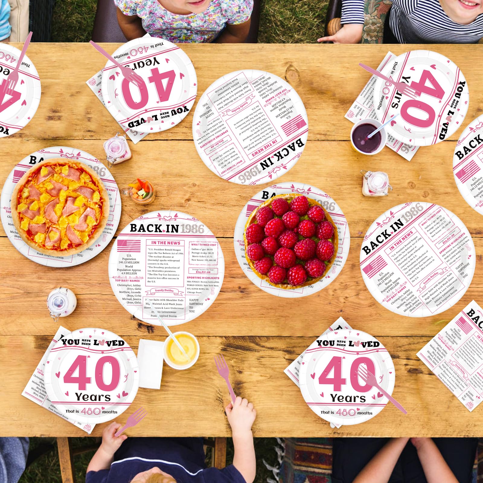 96 Pcs White Pink 40th Birthday Party Plates and Napkins - Grencian