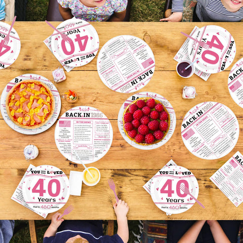 96 Pcs White Pink 40th Birthday Party Plates and Napkins - Grencian