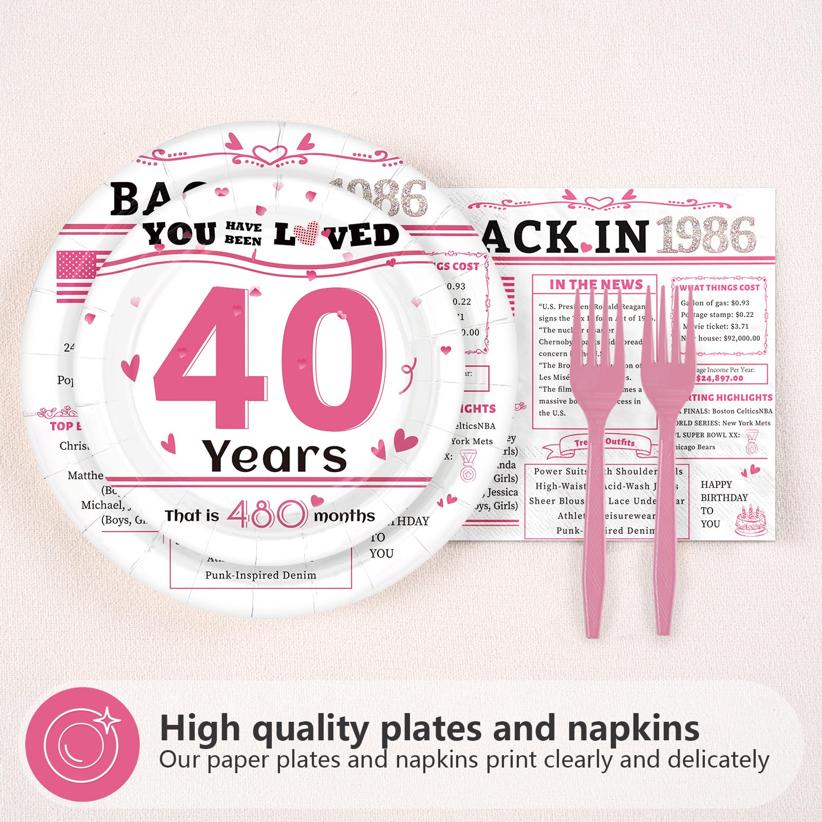 96 Pcs White Pink 40th Birthday Party Plates and Napkins - Grencian