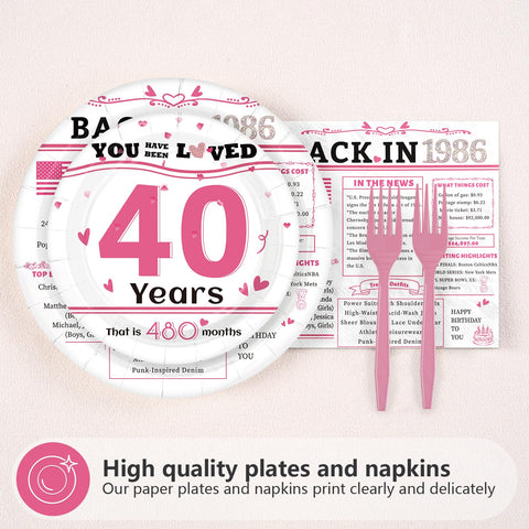 96 Pcs White Pink 40th Birthday Party Plates and Napkins - Grencian