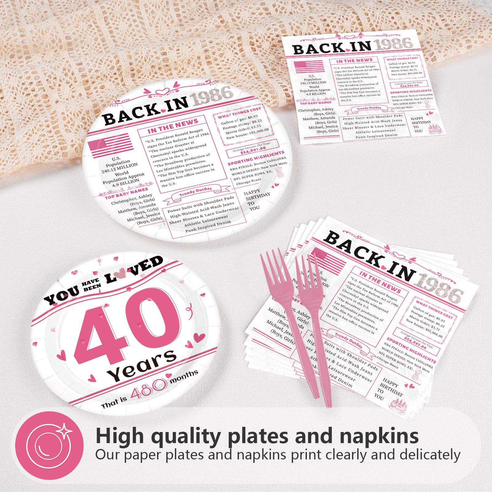 96 Pcs White Pink 40th Birthday Party Plates and Napkins - Grencian