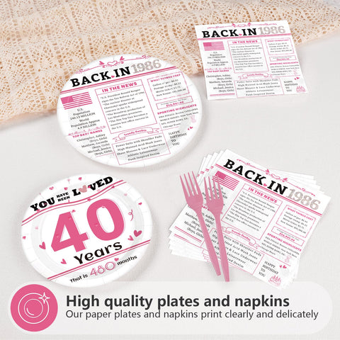 96 Pcs White Pink 40th Birthday Party Plates and Napkins - Grencian