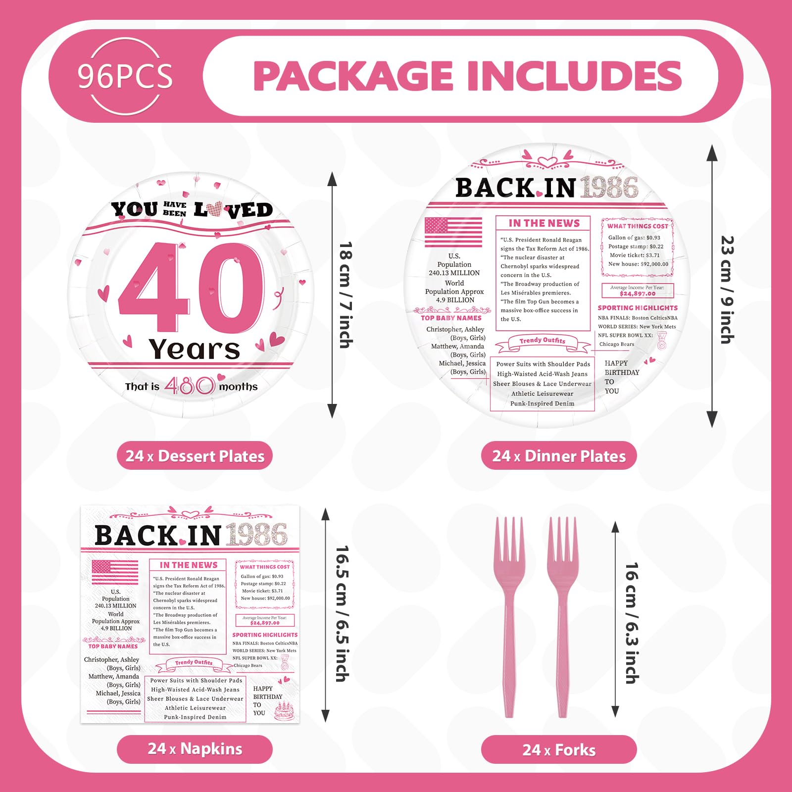 96 Pcs White Pink 40th Birthday Party Plates and Napkins - Grencian