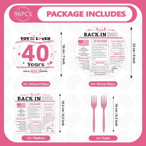 96 Pcs White Pink 40th Birthday Party Plates and Napkins - Grencian