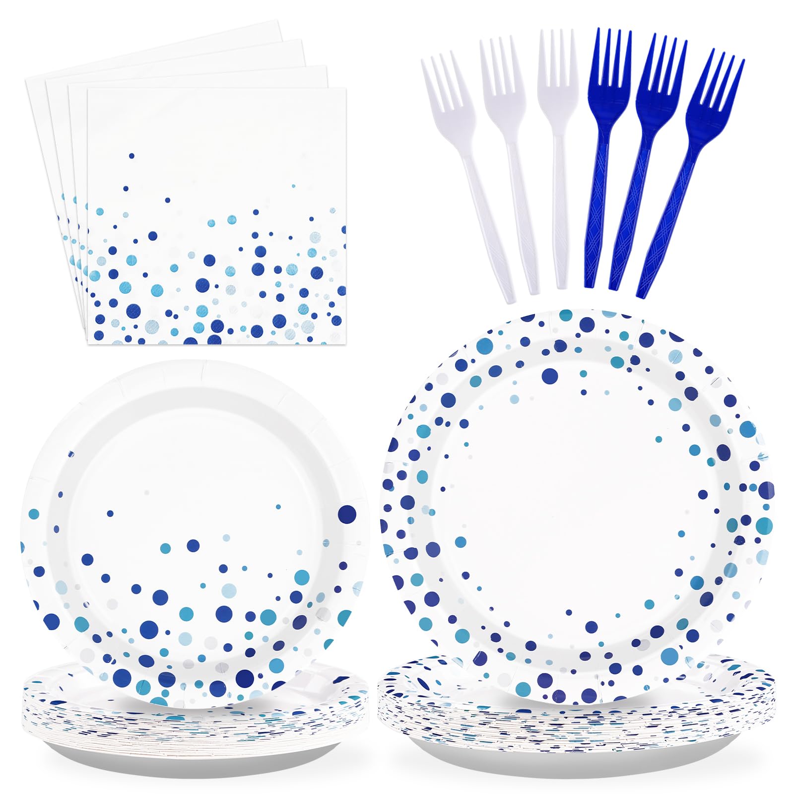 96 Pcs White and Blue Party Plates and Napkins - Grencian
