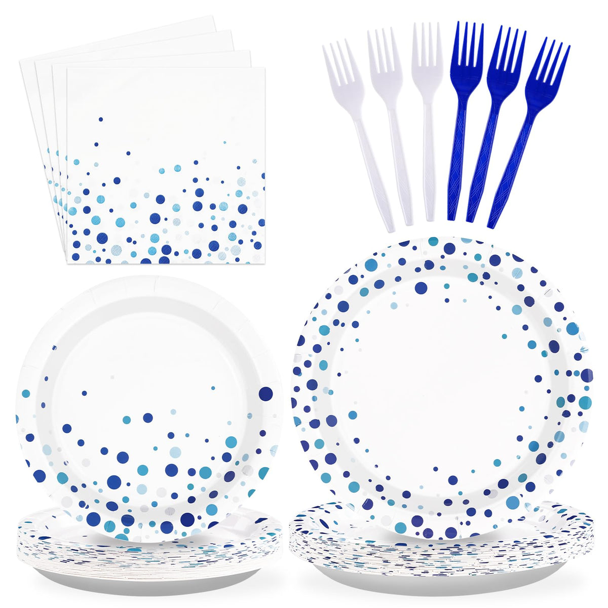 96 Pcs White and Blue Party Plates and Napkins - Grencian