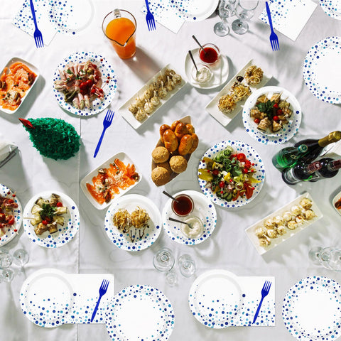 96 Pcs White and Blue Party Plates and Napkins - Grencian