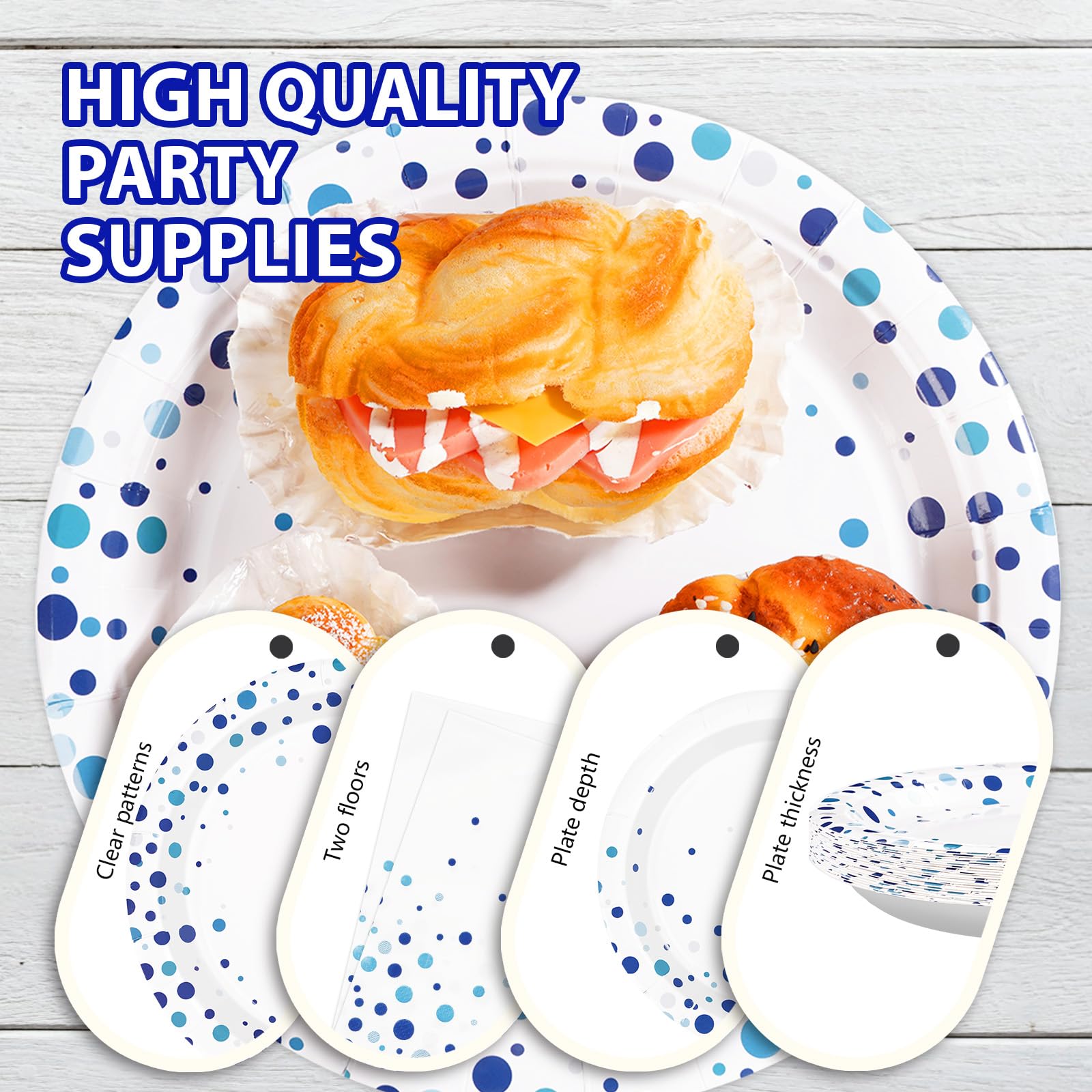 96 Pcs White and Blue Party Plates and Napkins - Grencian