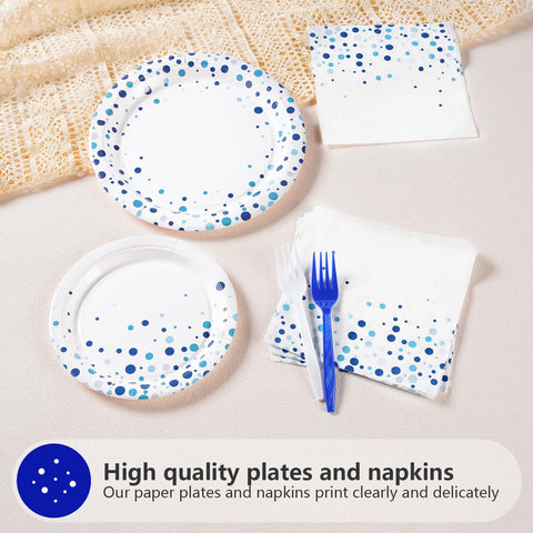 96 Pcs White and Blue Party Plates and Napkins - Grencian