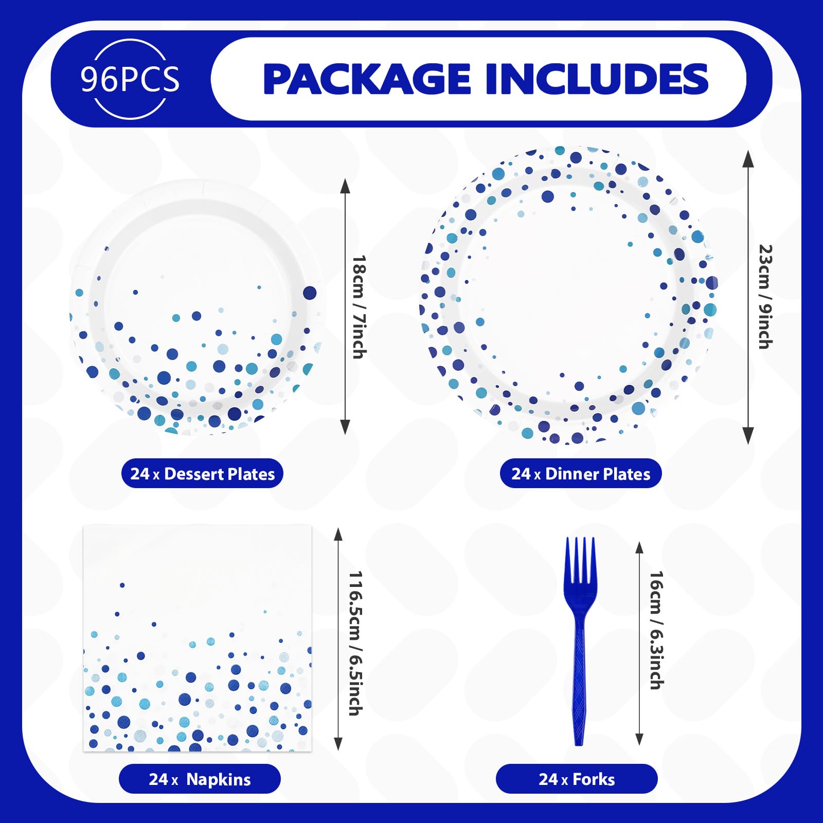 96 Pcs White and Blue Party Plates and Napkins - Grencian