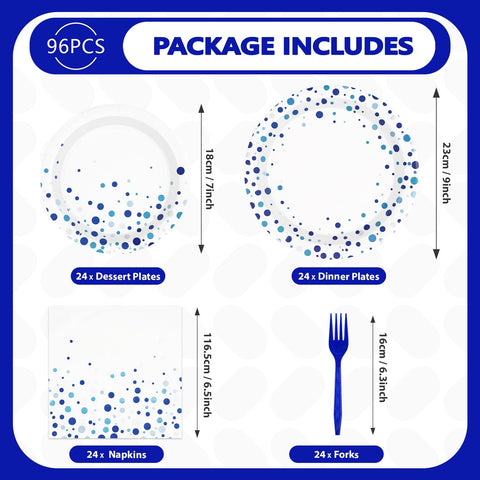 96 Pcs White and Blue Party Plates and Napkins - Grencian