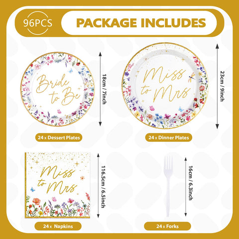 96 Pcs Wildflower Bridal Shower Party Plates and Napkins - Grencian