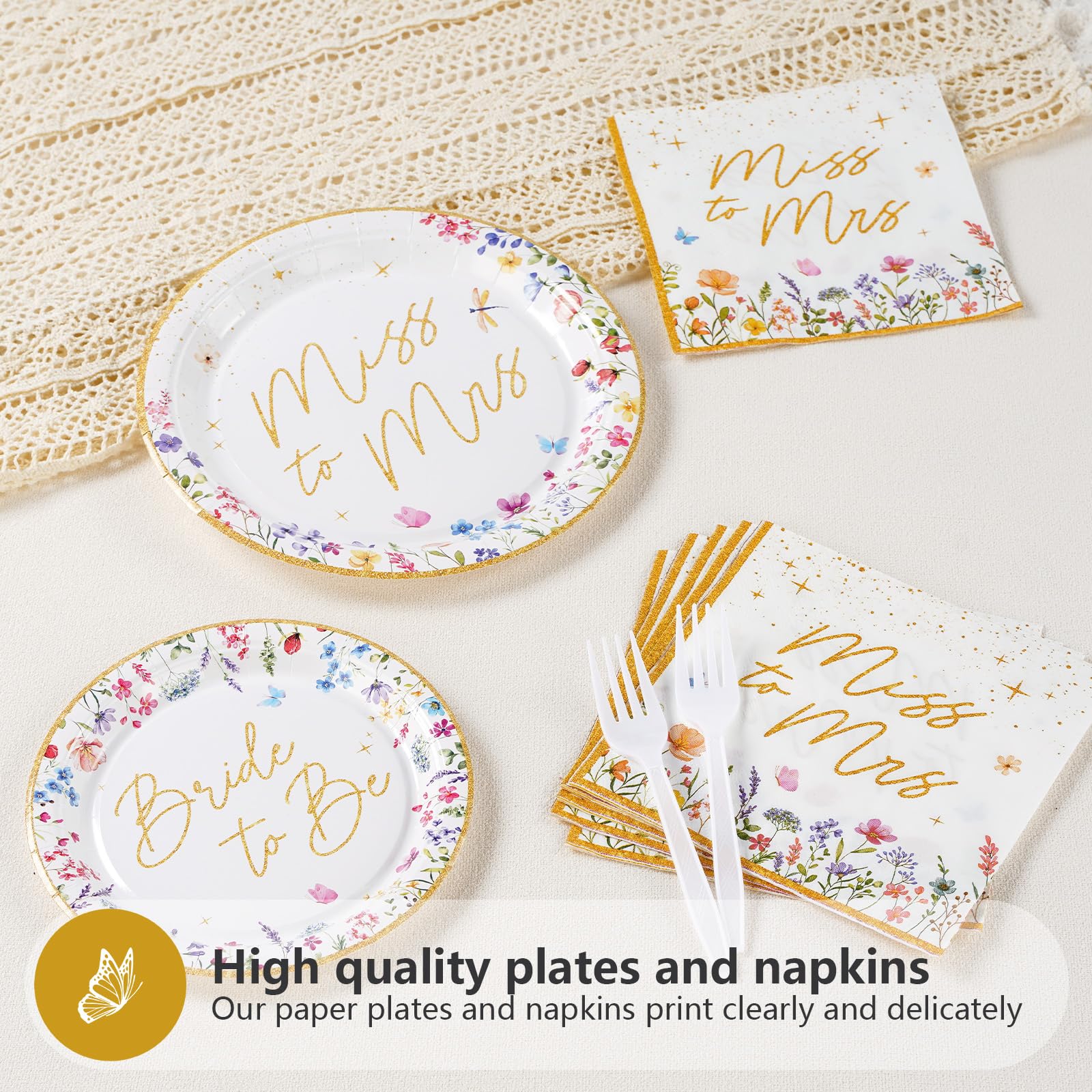 96 Pcs Wildflower Bridal Shower Party Plates and Napkins - Grencian