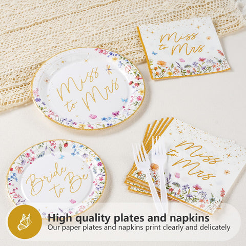 96 Pcs Wildflower Bridal Shower Party Plates and Napkins - Grencian