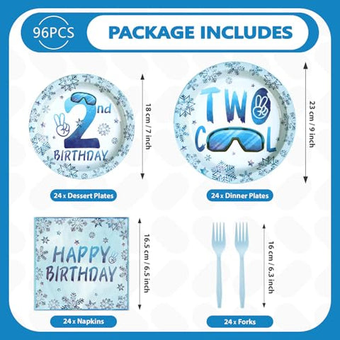 96 Pcs Winter 2nd Birthday Party Plates and Napkins - Grencian