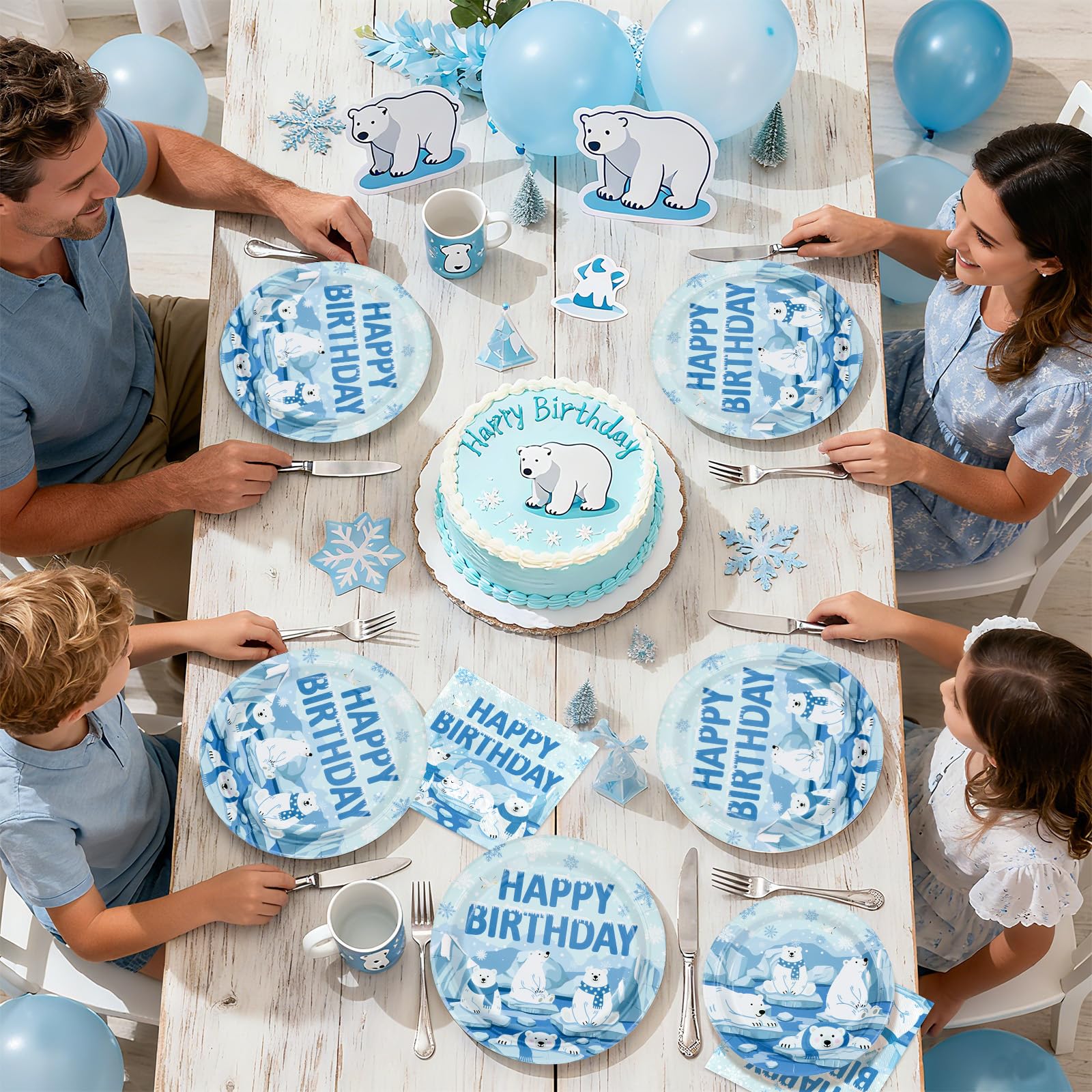 96 Pcs Winter Bear Birthday Party Plates and Napkins - Grencian