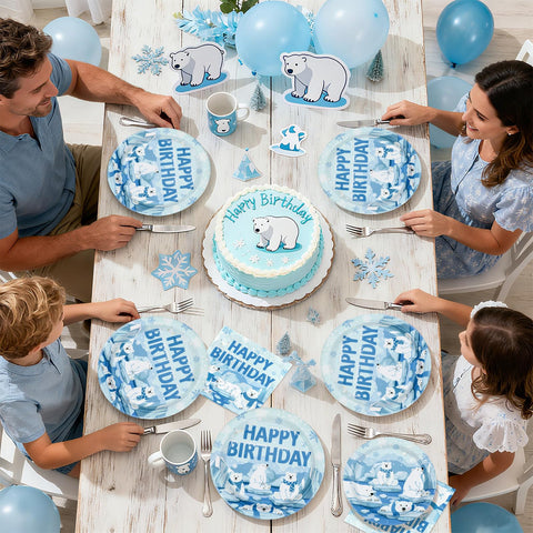 96 Pcs Winter Bear Birthday Party Plates and Napkins - Grencian